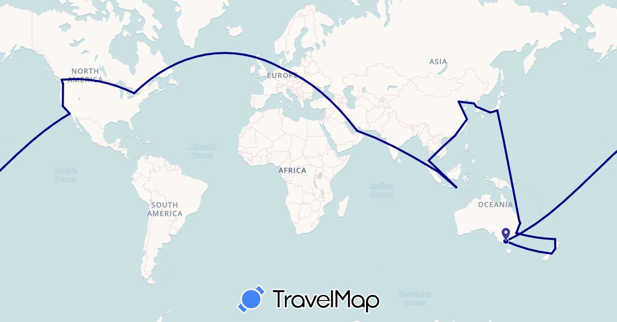TravelMap itinerary: driving in United Arab Emirates, Australia, Canada, China, Germany, Indonesia, Japan, North Korea, South Korea, New Zealand, Singapore, Thailand, United States (Asia, Europe, North America, Oceania)